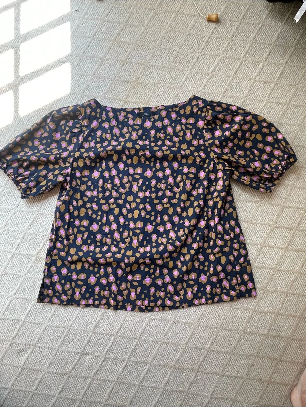 J. Crew Black Puff-Sleeve Blouse with Pink and Mustard Spot Print